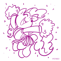 Size: 2191x2191 | Tagged: safe, artist:pfeffaroo, pinkie pie, earth pony, pony, g4, cheerleader, cheerleader outfit, clothes, eyes closed, female, high res, mare, monochrome, open mouth, open smile, pom pom, simple background, smiling, solo, white background