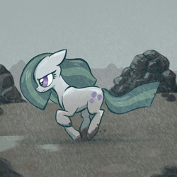 Size: 2048x2048 | Tagged: safe, artist:pfeffaroo, marble pie, earth pony, pony, g4, determined, dirty hooves, female, floppy ears, high res, mare, outdoors, profile, rain, rock, rock farm, running, solo