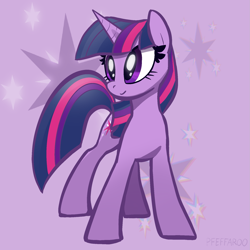 Size: 1771x1771 | Tagged: safe, artist:pfeffaroo, twilight sparkle, pony, unicorn, g4, cutie mark background, female, horn, looking away, mare, solo, standing, turned head, unicorn twilight