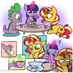 Size: 2048x2048 | Tagged: safe, artist:pfeffaroo, spike, sunset shimmer, twilight sparkle, alicorn, dragon, pony, unicorn, g4, comic, cup, cushion, depressed, female, food, glowing, glowing horn, high res, horn, in the human world for too long, levitation, magic, magic aura, mare, question mark, sad, sandwich, sitting, table, teacup, telekinesis, trio, twilight sparkle (alicorn)