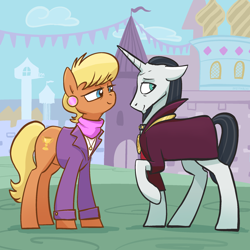 Size: 2048x2048 | Tagged: safe, artist:pfeffaroo, chancellor neighsay, ms. harshwhinny, earth pony, pony, unicorn, g4, bashful, canterlot, cloak, clothes, crack shipping, duo, duo male and female, female, floppy ears, harshneigh, high res, horn, jacket, looking at someone, looking away, looking sideways, male, mare, outdoors, raised hoof, shipping, smiling, stallion, standing, straight, street