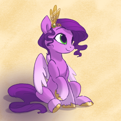 Size: 2048x2048 | Tagged: safe, artist:pfeffaroo, pipp petals, pegasus, pony, g5, my little pony: a new generation, adorapipp, circlet, cute, diadem, female, high res, jewelry, looking away, mare, partially open wings, raised hoof, regalia, sitting, smiling, solo, unshorn fetlocks, wings