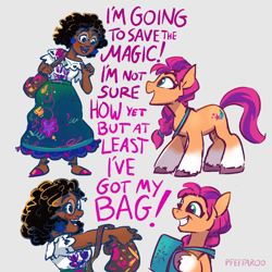 Size: 2096x2096 | Tagged: safe, artist:pfeffaroo, sunny starscout, earth pony, human, pony, g5, my little pony: a new generation, bag, crossover, disney, duo, duo female, encanto, female, glasses, grin, high res, looking at each other, looking at someone, mare, mirabel madrigal, open mouth, open smile, satchel, signature, smiling, twilight sparkle's cutie mark, unshorn fetlocks