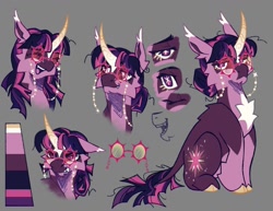 Size: 1397x1080 | Tagged: safe, artist:cerulean-crow, twilight sparkle, pony, unicorn, g4, alternate design, alternate universe, bust, cheek fluff, chest fluff, chin fluff, female, glasses, glasses chain, gray background, horn, looking at you, mare, reference sheet, round glasses, simple background, sitting, smiling, smiling at you, solo, unicorn twilight