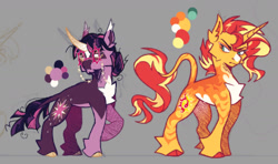 Size: 2018x1196 | Tagged: safe, artist:cerulean-crow, sunset shimmer, twilight sparkle, classical unicorn, pony, unicorn, g4, alternate design, alternate universe, cheek fluff, chest fluff, chin fluff, cloven hooves, color palette, curved horn, duo, duo female, ear fluff, female, glasses, glasses chain, gray background, hoof fluff, horn, leonine tail, mare, round glasses, simple background, unicorn twilight