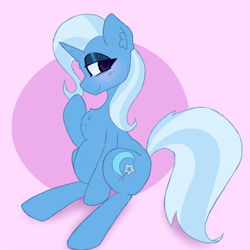 Size: 5000x5000 | Tagged: safe, trixie, g4, blue coat, blue fur, blue hair, blue mane, colored lineart, female, large belly, pink, pregnant, purple eyes, simple background, sitting, smug, solo