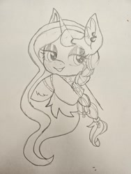 Size: 1536x2048 | Tagged: safe, artist:orcabunnies, oc, oc only, oc:rose quartz, pony, unicorn, braid, cage, eyeshadow, horn, jewelry, makeup, sketch, smug, solo, unicorn oc