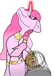 Size: 1414x2000 | Tagged: safe, artist:shakey_kyane929, oc, oc only, oc:rose quartz, pony, unicorn, braid, cage, horn, jewelry, key, looking at you, looking down, looking down at you, low angle, magic, magic aura, micro, pink mane, red eyes, shrinking, simple background, smug, trapped, unicorn oc, white background