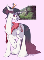 Size: 766x1049 | Tagged: safe, artist:beyhr, oc, oc only, oc:grace note, pony, unicorn, cloven hooves, countershading, eyebrows, eyelashes, gradient mane, gradient tail, heart, horn, long legs, long tail, mole, shawl, solo, tail, unicorn beard, unicorn horn, unshorn fetlocks, updo