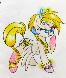 Size: 1086x1280 | Tagged: safe, artist:mintytreble, golden feather, princess celestia, pegasus, pony, g4, disguise, female, flower, flower in hair, glasses, mare, one eye closed, simple background, solo, traditional art, white background, wink