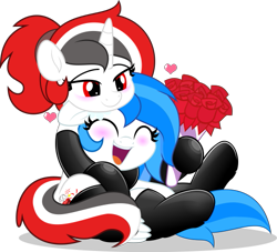 Size: 501x455 | Tagged: safe, artist:jhayarr23, oc, oc:red rocket, oc:winter white, pegasus, unicorn, boots, commission, cutie mark, flower, heart, hearts and hooves day, horn, latex, shoes, ych result