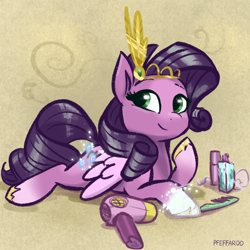 Size: 2048x2048 | Tagged: safe, artist:pfeffaroo, pipp petals, rarity, pegasus, pony, g4, g5, alternate hairstyle, comb, diadem, eyebrows, female, g4 to g5, generation leap, hair dryer, high res, jewelry, looking at you, lying down, mare, pipp and her heroine, prone, rarity's hair, regalia, signature, smiling, smiling at you, solo, succession, the new rarity, unshorn fetlocks