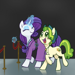 Size: 2048x2048 | Tagged: safe, artist:pfeffaroo, pistachio, rarity, earth pony, pony, unicorn, g4, amazed, barrier, belt barrier, blushing, bolo tie, clothes, colt, cowboy hat, cute, dress, duo, duo male and female, eyes closed, eyeshadow, female, foal, freckles, glowing, glowing horn, happy, hat, high res, horn, magic, magic aura, makeup, male, mare, open mouth, open smile, pistachiaww, raised hoof, raised leg, smiling, stallion, standing on two hooves, starry eyes, stetson, teenager, telekinesis, walking, wingding eyes