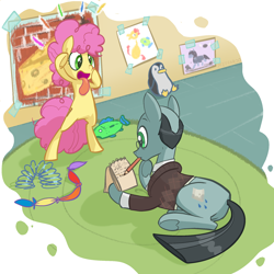 Size: 2048x2048 | Tagged: safe, artist:pfeffaroo, li'l cheese, sans smirk, earth pony, pony, g4, my little pony: friendship is magic, the last problem, bipedal, child artwork, colt, duo, foal, glasses, high res, hoof hold, indoors, lying down, male, mouth hold, mouth writing, notepad, open mouth, pencil, prone, silly, silly face, slinky, stallion, tongue out, toy, uncle sans, underhoof, writing