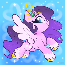 Size: 2048x2048 | Tagged: safe, artist:pfeffaroo, pipp petals, pegasus, pony, g5, adorapipp, cute, diadem, female, flying, headband, high res, jewelry, mare, regalia, smiling, solo, sparkles, spread wings, unshorn fetlocks, weapons-grade cute, wingding eyes, wings