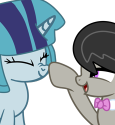 Size: 3000x3254 | Tagged: safe, artist:jadeharmony, octavia melody, sonata dusk, earth pony, pony, unicorn, g4, ^^, amused, base used, boop, bowtie, cute, duo, duo female, eyes closed, female, horn, lesbian, looking at each other, looking at someone, mare, octavia is amused, octavia's bowtie, open mouth, open smile, ponified, ship:sontavia, shipping, simple background, smiling, smiling at each other, sonatabetes, tavibetes, transparent background, unicorn sonata dusk