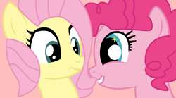 Size: 900x500 | Tagged: safe, artist:jadeharmony, fluttershy, pinkie pie, earth pony, pegasus, pony, g4, alternate hairstyle, base used, cute, diapinkes, duo, female, grin, lesbian, looking at each other, looking at someone, mare, pink background, ship:flutterpie, shipping, shyabetes, simple background, smiling, starry eyes, wingding eyes