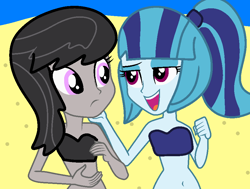 Size: 900x680 | Tagged: safe, artist:jadeharmony, octavia melody, sonata dusk, human, equestria girls, g4, alternate hairstyle, base used, beach, bikini, bra, clothes, cute, duo, eyeshadow, female, flirting, hand under chin, lesbian, lidded eyes, looking at each other, looking at someone, makeup, ocean, open mouth, open smile, ponytail, sand, ship:sontavia, shipping, smiling, sonatabetes, swimsuit, tavibetes, underwear, water