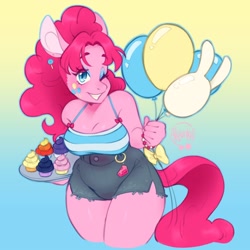 Size: 1500x1500 | Tagged: safe, artist:akaunkel, pinkie pie, earth pony, anthro, g4, balloon, big breasts, breasts, busty pinkie pie, cleavage, clothes, cupcake, eyeshadow, female, food, gradient background, grin, implied applejack, implied fluttershy, implied rainbow dash, implied rarity, implied twilight sparkle, looking at you, makeup, mare, one eye closed, shorts, signature, smiling, smiling at you, solo, wide hips, wink, winking at you