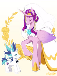 Size: 1200x1600 | Tagged: safe, artist:akaunkel, princess cadance, shining armor, alicorn, pony, unicorn, g4, alternate hairstyle, bowtie, clothes, dress, duo, duo male and female, eyes closed, female, gradient background, height difference, horn, male, mare, meme, ship:shiningcadance, shipping, straight, the bride and the ugly ass groom, wedding dress