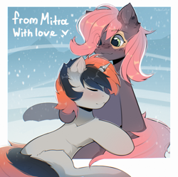 Size: 3300x3288 | Tagged: safe, artist:melloncollie-chan, oc, oc only, oc:mitra, oc:svetomech, earth pony, pony, unicorn, blushing, eyes closed, horn, hug, mountain, simple background, snow