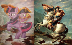 Size: 4052x2525 | Tagged: safe, artist:jacques-louis david, artist:recycledrapunzel, spike, twilight sparkle, dragon, pony, unicorn, g4, classic art, comparison, dragons riding ponies, duo, duo male and female, female, fine art parody, horn, male, marengo, napoleon bonaparte, napoleon crossing the alps, riding, riding a pony, spike riding twilight, traditional art, unicorn twilight