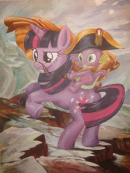 Size: 2448x3264 | Tagged: safe, artist:recycledrapunzel, spike, twilight sparkle, dragon, pony, unicorn, g4, acrylic painting, bridle, classic art, cloak, clothes, dragons riding ponies, duo, duo male and female, eyebrows, featured image, female, fine art parody, frown, hat, high res, horn, male, mare, napoleon, napoleon bonaparte, napoleon crossing the alps, parody, raised eyebrow, rearing, reins, riding, riding a pony, saddle, smiling, spike riding twilight, tack, traditional art, unamused, unicorn twilight