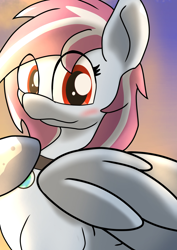 Size: 1414x2000 | Tagged: safe, alternate version, artist:kyane929, artist:shakey_kyane929, oc, oc only, oc:evening skies, pegasus, pony, blushing, female, looking at you, mare, pegasus oc