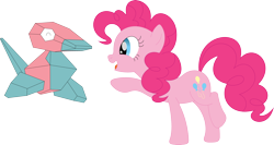 Size: 3574x1903 | Tagged: safe, artist:porygon2z, pinkie pie, earth pony, pony, porygon, g4, boop, duo, happy, hoof out, open mouth, pokémon, raised hoof, simple background, transparent background, vector