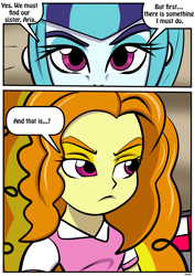 Size: 2480x3507 | Tagged: safe, artist:rex-equinox, adagio dazzle, sonata dusk, human, comic:sonata in blue, equestria girls, g4, comic, dialogue, female, high res, post-transformation, speech bubble, transformation, waitress