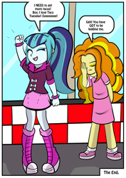 Size: 2480x3507 | Tagged: safe, artist:rex-equinox, adagio dazzle, sonata dusk, human, comic:sonata in blue, equestria girls, g4, comic, dialogue, eyes closed, facepalm, female, high res, post-transformation, smiling, speech bubble, taco tuesday, transformation, waitress