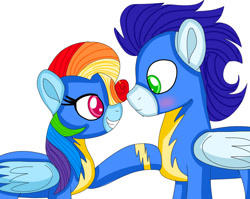 Size: 1280x1019 | Tagged: safe, artist:mrsdashskies, rainbow dash, soarin', pegasus, pony, g4, my little pony: friendship is magic, newbie dash, clothes, female, male, mare, rainbow fash, ship:soarindash, shipping, stallion, straight, uniform, wonderbolts, wonderbolts uniform