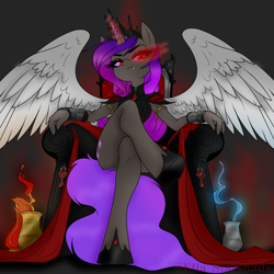 Size: 1024x1024 | Tagged: safe, artist:ella_starshade, oc, oc:ella starshade, alicorn, anthro, antagonist, crown, glowing, glowing eyes, jewelry, queen, regalia, throne, villainess