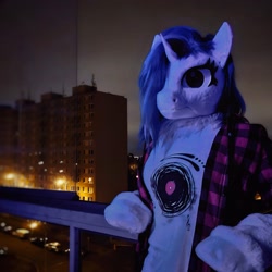 Size: 2544x2544 | Tagged: safe, artist:essorille, artist:vinylpone, dj pon-3, vinyl scratch, human, pony, unicorn, anthro, g4, animal costume, arm hooves, balcony, blue mane, body pillow, clothes, cosplay, costume, cute, equine, female, flannel, flannel shirt, furry, fursuit, hooves, horn, irl, irl human, mare, messy mane, night, outdoors, photo, photography, ponysuit, posing for photo, public, purple eyes, ruffled hair, shirt, solo