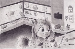 Size: 1200x782 | Tagged: safe, artist:nedemai, izzy moonbow, pony, unicorn, g5, bipedal, bipedal leaning, crafting, crafting corner, female, grayscale, horn, leaning, mare, monochrome, pencil drawing, solo, traditional art