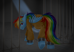 Size: 4093x2894 | Tagged: safe, artist:maryzet, rainbow dash, g4, bound wings, clothes, crying, jail, jail cell, looking at you, looking back, looking back at you, prison, prison cell, prison outfit, prisoner, prisoner rd, rope, shackles, wings