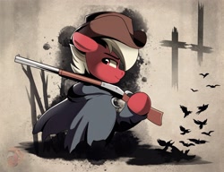 Size: 3349x2566 | Tagged: safe, artist:joaothejohn, oc, oc:flamebrush, pegasus, pony, background minimalist, clothes, cowboy hat, crows, fanart, game, hat, hood, hunt showdown, looking back, pegasus oc, side view, weapon, western