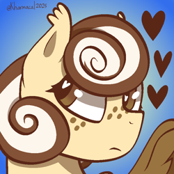 Size: 768x768 | Tagged: safe, artist:kharmacal, oc, oc only, oc:cinnamon roll, pegasus, pony, brown eyes, bust, catchlights, cream coat, ear fluff, freckles, heart, pegasus oc, shading, simple background, solo, two toned mane, wingding eyes