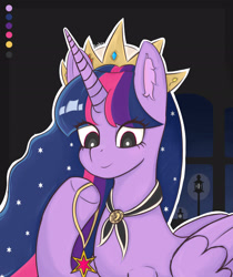 Size: 2160x2576 | Tagged: safe, artist:robin, twilight sparkle, alicorn, pony, g4, black background, color palette, crown, female, indoors, jewelry, mare, medallion, necklace, night, older, older twilight, older twilight sparkle (alicorn), outline, regalia, signature, simple background, smiling, solo, stars, streetlight, twilight sparkle (alicorn), upper body, white outline, window