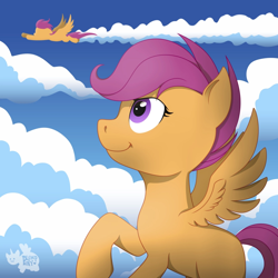 Size: 1400x1400 | Tagged: safe, artist:plumpony, scootaloo, g4, cloud, cloudy, confident, flying, sky, small wings, wings