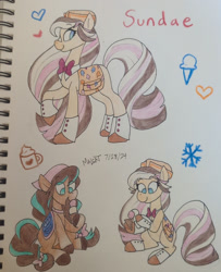 Size: 1455x1793 | Tagged: safe, artist:malcat, part of a set, horse, bandana, bow, bowtie, chocolate, cocoa (wild manes), duo, duo female, eye clipping through hair, female, food, gradient legs, gradient muzzle, hair bow, hat, heart, hot chocolate, ice cream, ice cream cone, mare, neapolitan, open mouth, part of a series, raised hoof, simple background, sitting, smiling, snow, snowflake, sundae (wild manes), tail, tail bow, traditional art, white background, wild manes