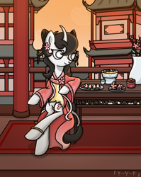 Size: 795x1000 | Tagged: safe, artist:taoyvfei, tofu, oc, oc:taoyvfei, pony, unicorn, g4, bubble, cake, curved horn, flower, food, han chinese clothing, horn, stimulate, tea, unicorn oc, vase, water