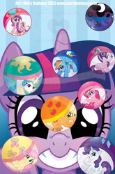 Size: 400x607 | Tagged: safe, artist:mary bellamy, idw, applejack, fluttershy, pinkie pie, princess cadance, princess celestia, princess luna, rainbow dash, rarity, starlight glimmer, twilight sparkle, alicorn, changeling, pegasus, pony, unicorn, friendship is magic, g4, my little pony: friendship is magic, close-up, cover, face, gashapon, horn, toy, zorilita