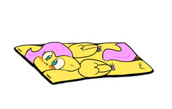 Size: 993x632 | Tagged: safe, artist:zutcha, fluttershy, pegasus, pony, g4, :i, blush sticker, blushing, doormat, female, flat fluttershy friday, flat fuck friday, flattened, literal, lying down, mare, prone, simple background, solo, sploot, underhoof, white background