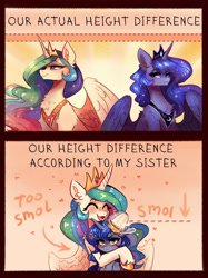 Size: 2174x2903 | Tagged: safe, artist:polnocnykot, princess celestia, princess luna, alicorn, pony, g4, 2 panel comic, alicorn princess, angry, blushing, cheek fluff, chest fluff, chin up, comic, cross-popping veins, crown, cute, daaaaaaaaaaaw, dotted line, duo, duo female, ear fluff, ears back, ears up, emanata, eyes closed, feathered wings, female, filly, filly luna, floppy ears, fluffy, folded wings, frown, funny, grin, heart, hooves, horn, hug, humor, jewelry, laughing, lidded eyes, meme, motion lines, noogie, open mouth, open smile, pouting, proud, regalia, royal sisters, shoulder fluff, siblings, sisters, sisters being sisters, sitting, smiling, smol, spread wings, stars, text, unshorn fetlocks, wings, woona, younger