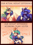 Size: 2174x2903 | Tagged: safe, alternate character, alternate version, artist:polnocnykot, princess celestia, princess luna, alicorn, pony, g4, 2 panel comic, alicorn princess, angry, blushing, cheek fluff, chest fluff, chin up, comic, cross-popping veins, crown, cute, daaaaaaaaaaaw, dotted line, duo, duo female, ear fluff, ears back, ears up, emanata, eyes closed, feathered wings, female, filly, filly luna, floppy ears, fluffy, folded wings, frown, funny, grin, heart, hooves, horn, hug, humor, jewelry, laughing, lidded eyes, meme, motion lines, noogie, open mouth, open smile, pouting, proud, regalia, royal sisters, shoulder fluff, siblings, sisters, sisters being sisters, sitting, smiling, smol, spread wings, stars, text, unshorn fetlocks, wings, woona, younger