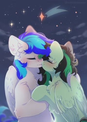 Size: 2142x3000 | Tagged: safe, artist:twinkeeees, oc, oc only, oc:eden shallowleaf, oc:lighty, pegasus, eyes closed, kissing, night, pegasus oc, sky, stars