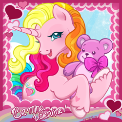 Size: 2400x2400 | Tagged: safe, artist:sparkytopia, rarity (g3), pony, unicorn, g3, female, holiday, horn, looking at you, mare, multicolored hair, open mouth, open smile, pink coat, plushie, rainbow hair, smiling, solo, teddy bear, text, unshorn fetlocks, valentine's day, ych example, your character here