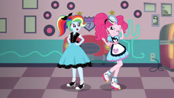 Size: 1920x1080 | Tagged: artist needed, safe, pinkie pie, rainbow dash, human, coinky-dink world, equestria girls, g4, my little pony equestria girls: better together, my little pony equestria girls: summertime shorts, 1950s, 1950s rainbow dash, 50s, clothes, cute, duo, duo female, female, indoors, interior, lipstick, makeup, ponytail, poodle skirt, rainbow dash always dresses in style, roller skates, saddle shoes, server pinkie pie, shirt, skates, skirt, sweet snacks cafe, waitress