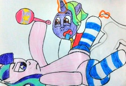 Size: 3167x2148 | Tagged: safe, artist:bitter sweetness, firelight, starlight glimmer, pony, unicorn, g4, abdl, adult foal, clothes, diaper, diaper change, diaper fetish, duo, father and child, father and daughter, female, fetish, glowing, glowing horn, horn, levitation, magic, male, non-baby in diaper, open mouth, open smile, poofy diaper, rattle, simple background, smiling, socks, striped socks, telekinesis, traditional art, white background